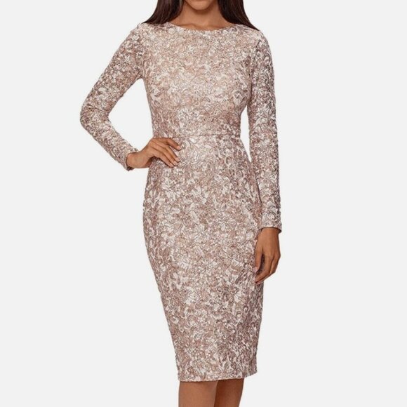 XScape Long Sleeve Sequin Lace Midi Dress - Beige / Sand - size 4P - Picture 12 of 12